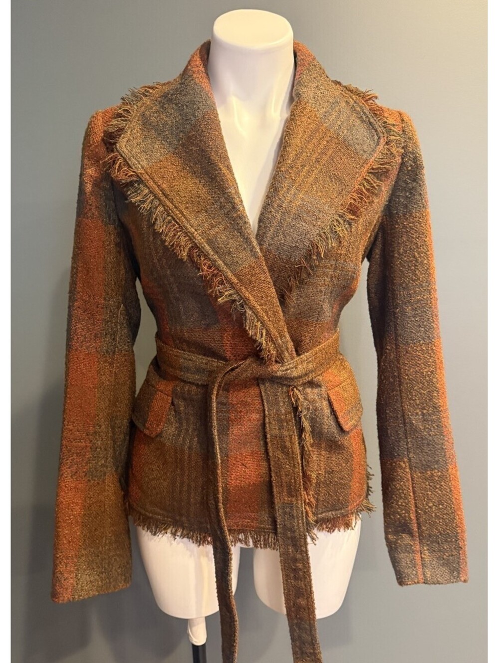Anthropologie Cartonnier Sophie Fringe Plaid Wrap Tweed Blazer Women's 6